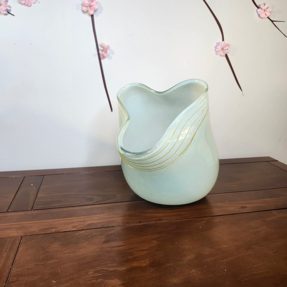 Global Views Seafoam Celadon Art Glass Tilted Asymmetrical Ruffled Vase 12inches
